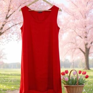 XL❤️Linen Sleeveless Vibrant Red Midi Dress With Eyelet Lace Hem